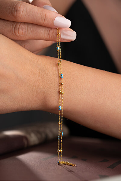 Silvano Jewelry 925 Ayar Gümüş Çift Zincirli Mineli Nazar Bileklik