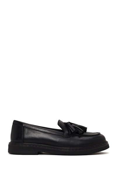 Derimod Women's Black Thick-Soled Tasseled Leather Loafer Af450009Dv
