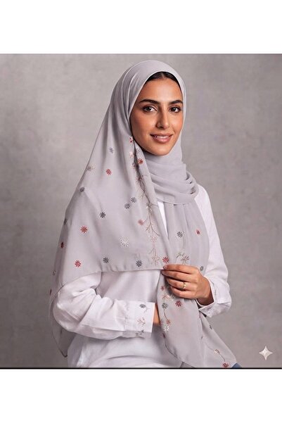 Veil Designer Two-Layer Gray Floral Veil with Colorful Embroidery on the Enti...