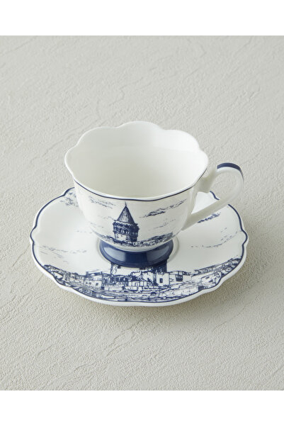 English Home İstanbul New Bone China 4 Parça 2 Kişilik Kahve Fincanı 90 ml Beyaz - Lacivert