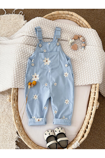 Generic Brand Toddler Baby Girls Linen Blend Overalls, Blue Floral Embroidere...