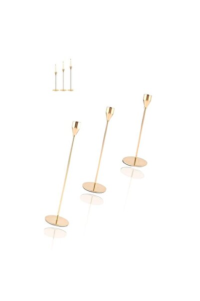 Generic Golden Conical Candlestick Set - 3-Piece Metal Brass Stands for Dinin...