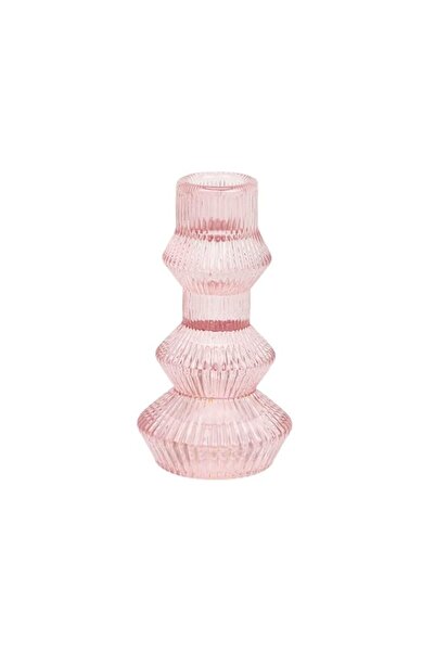 Generic Talking Tables Pink Glass Candlestick Holder Ribbed 3 Tier Taper Cand...
