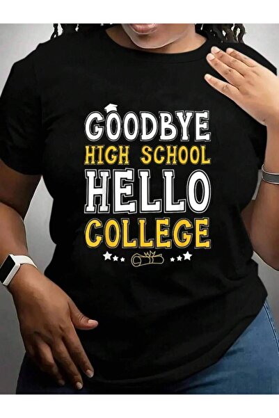 NOURAM تي شيرت Goodbye High Hello College Back To School باللون الأسود برسوما...