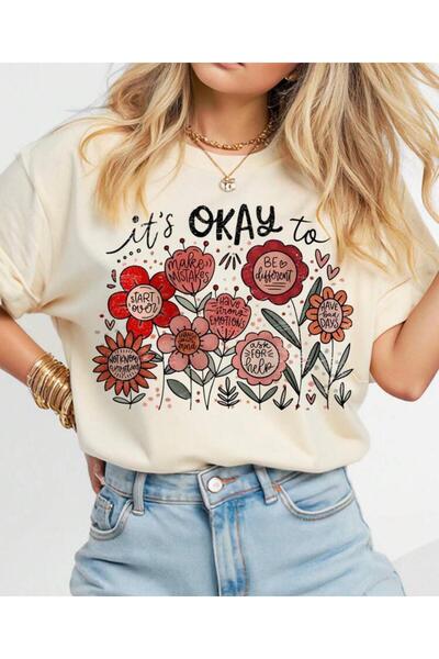 Oceanwear Floral Positive Message Printed Short Sleeve Beige Women's Tshirt