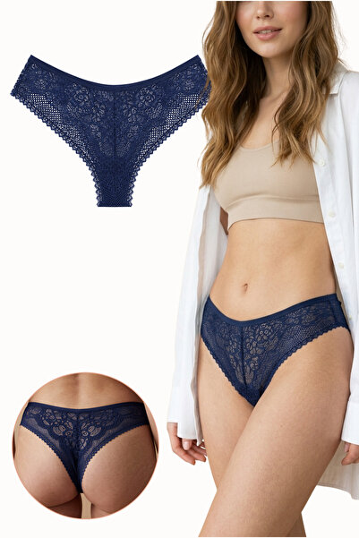 LİBELLA İÇ GİYİM Women's Lace Front and Back Brazilian Panties Lycra Navy Blu...