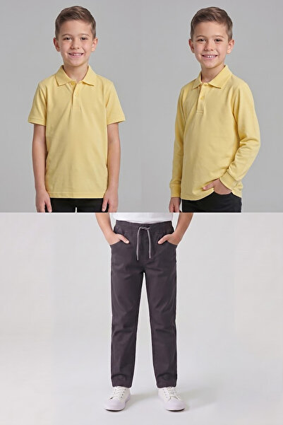 nacar çarşı Boys' School Light Yellow Long and Short Sleeve Polo Collar T-Shi...