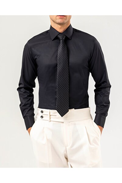 TerziAdemAltun Slim Fit Max Tie Collar Lycra Men's Shirt Black T20166-01