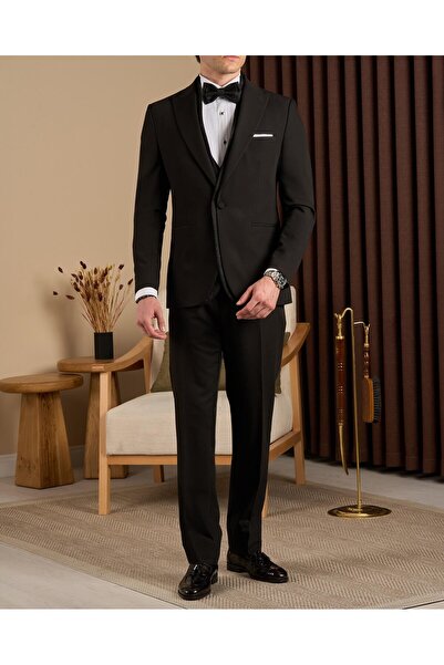 TerziAdemAltun Slim fit sivri yaka ceket yelek pantolon damatlık set siyah T2...