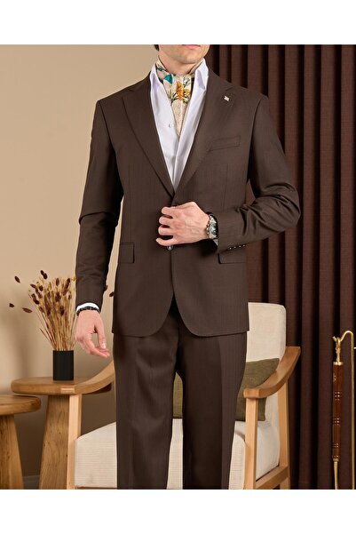 TerziAdemAltun Regular Fit Men's Mono Collar Jacket Pants Suit Brown T20156-03