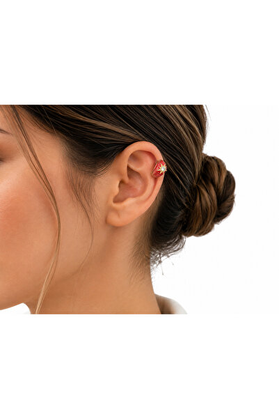 Lovecharm Gold Kırmızı Mine Detaylı Taşlı Ear Cuff Küpe