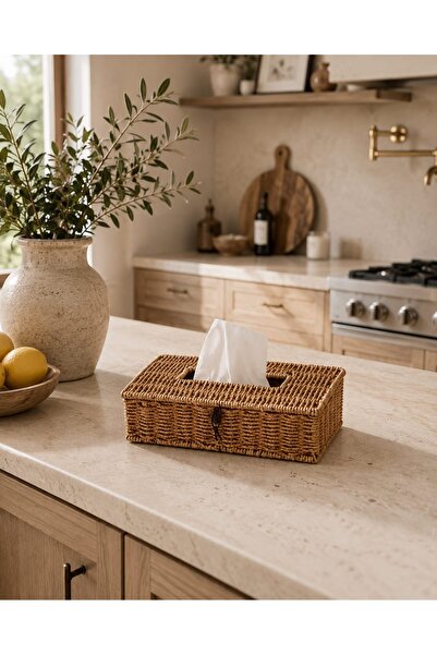 YS COLLECTION YŞ Home - Hasır Rattan Peçetelik Dikdörtgen Dekoratif Peçete Ku...