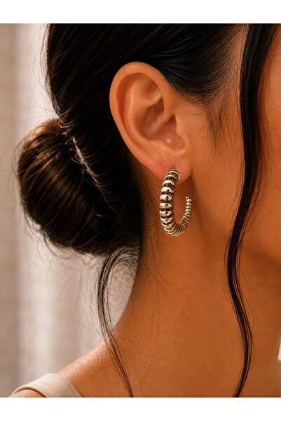 MARE BUTİK Ring Detailed Curved Gold Earrings