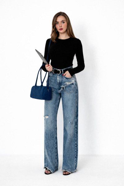 Generic Brand Pantaloni de blugi cu fante laterale spălate cu zăpadă