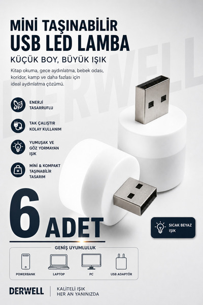 Derwell 6 ADET - Bebek ve Çocuk Odaları için Mini Taşınabilir USB LED Lamba P...