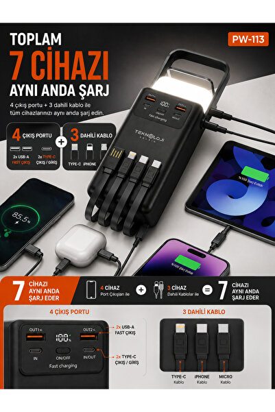 Teknoloji Gelsin 50.000 mAh Powerbank 22.5W Hızlı Şarj LCD Ekran 4 Çıkış 4 Kablo Kamp Işıklı Taşınabilir Batarya