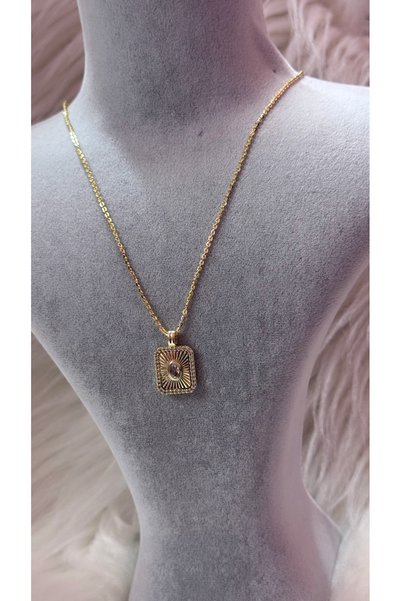 iky aksesuar Steel Square Stone Plate Necklace 55 cm