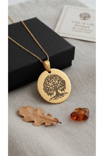 C&On Design Tree of Life Necklace Women's Stainless Steel Gold Color Laser Printed Elegant Necklace