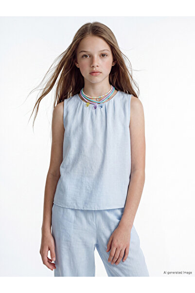 LC Waikiki Trendlucky Girls' Blouse with Oval Collar and Drawstring Detail