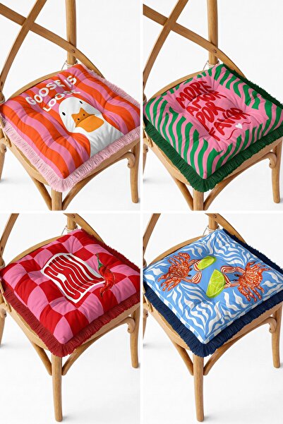 IdeCraft Set of 4 Fluffy Chair Cushions with Typographic Fringes and Goose an...