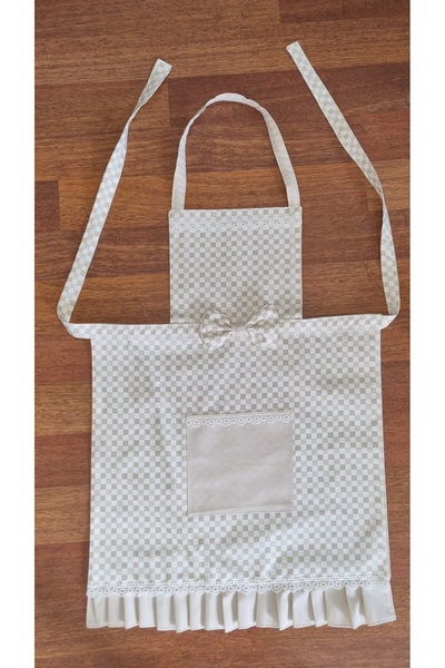 Ay Çeyiz Krem Bej Kareli Mutfak Önlüğü 77x54 cm Fiyonklu Cepli Dantelli Önlük