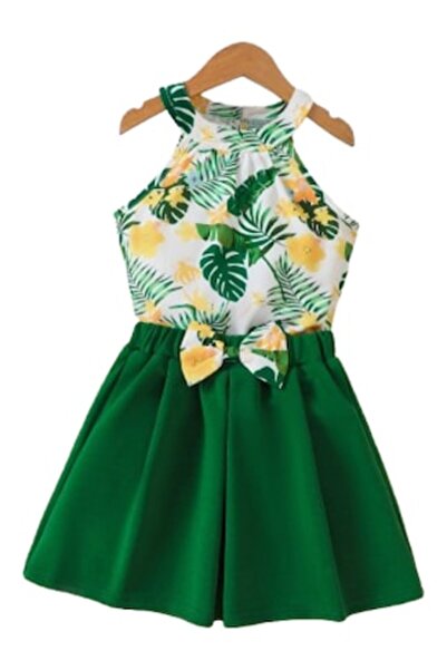 OEM Set de 2 piese pentru fete: Bluză cu imprimeu tropical și fustă verde, Verde