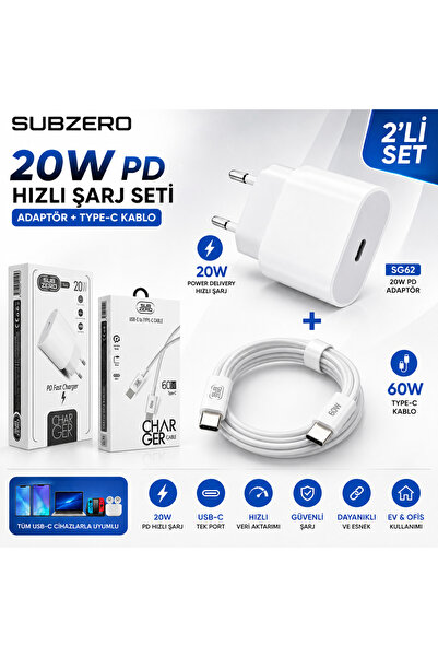 SUBZERO SG62 20W PD Hızlı Şarj Adaptörü + CL92 60W Type-C Kablo 2’li Set – USB-C Power Delivery Şarj Seti
