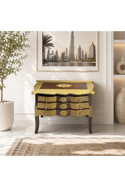 Al Athar Arts Handcrafted Mango Wood Rectangular Table with Brass Embossing{L:36" X D:15" X H:29.5"}