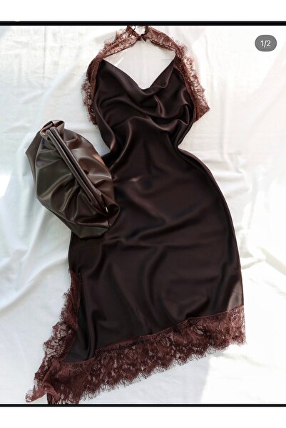 ruyaguneyboutique Saten Boyun Bağlama Dantelli Asimetrik Elbise