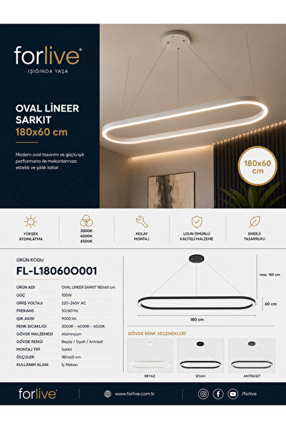 orlive Oval Lineer Sarkıt Aydınlatma 180x60 cm 3000K/4000K/6500K