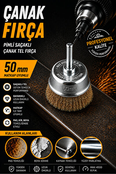 NEXTRA 50 mm Pimli Saçaklı Çanak Tel Fırça – Matkap Uyumlu Pas Boya Oksit Tem...