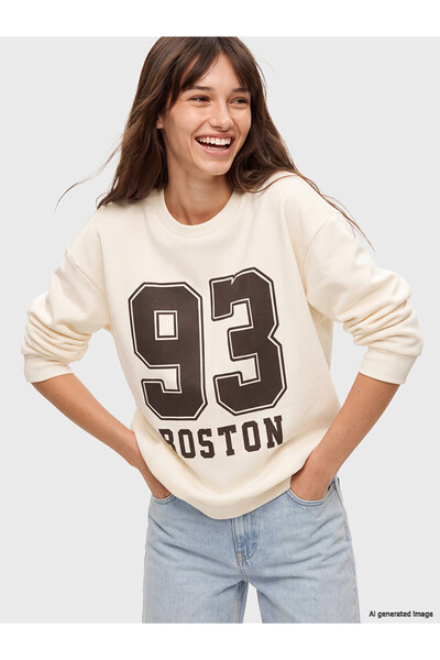 LC Waikiki Alita City Farkıyla Xside Beige Boston Printed Women's Thick Sweat...