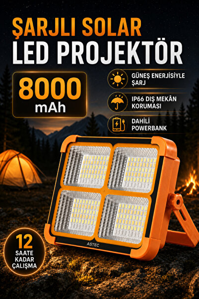 ASTEC Solar Şarjlı LED Projektör Powerbank Özellikli IP66 Kamp Acil Durum Çakarlı Premium
