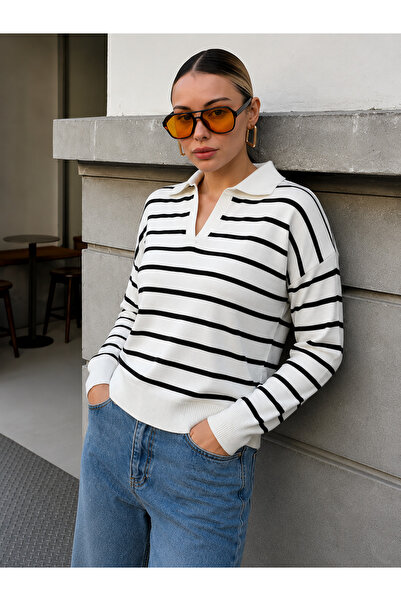 ASEDE Shirt V-Neck All-Season Wearable Striped Cotton Thin Knitwear Sweater