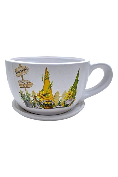 OEM Ghiveci ceramic, interior / exterior, rotund, alb, 24 x 18 cm, cu farfuri...