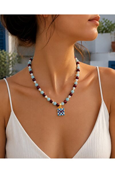 Sinem Şanlı Atelier Gift Burgundy Blue Glass Bead Necklace