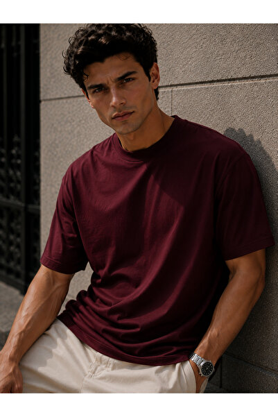 Rich Men's Burgundy Mercerized Interlock Fabric Oversize T-Shirt