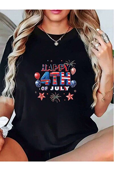 k222 Women's Crew Neck Tee, Firework & Balloon Print, Washable Top 4th Of Jul...