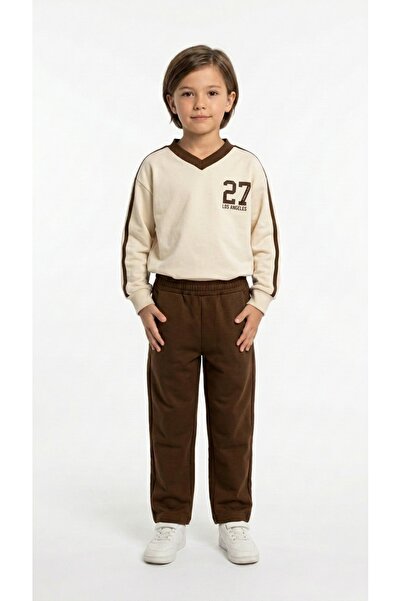 LC Waikiki Boy's Tracksuit Set V-Neck Printed Sweatshirt Trousers Ecru Brown ...
