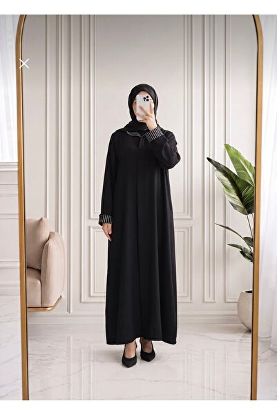 Moda Fatma Fidan Garnili Hidden Button Strawberry Hijab Dress Black