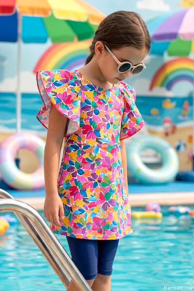 Haliç Mayo Costum de baie pentru fete, cu mâneci, cu detaliu volanat, din dou...