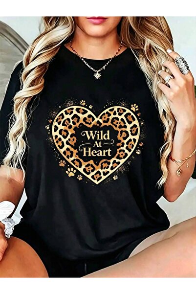 kai22 Leopard Print Graphic, Women's T-Shirt, Wild At Heart Slogan With Paw P...