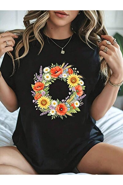kai22 Casual Floral Wreath Print Women's T-Shirt Summer Daily Wear Gift For Her