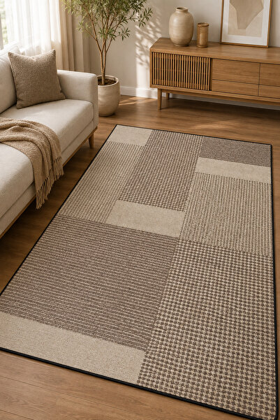 Pearlora Home Dijital Baskı Halı Bej Kahverengi Geometrik Desenli Dekoratif S...