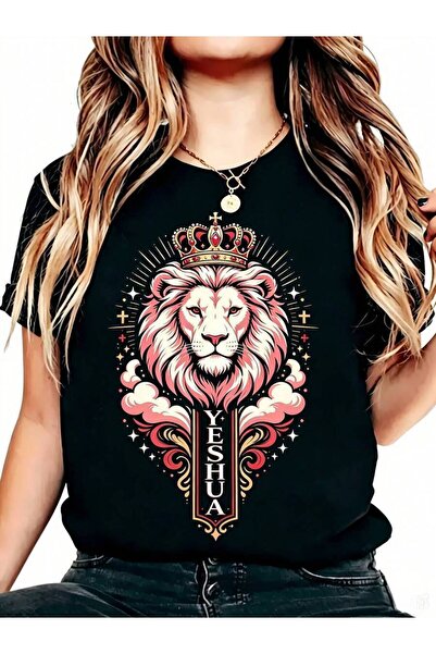 NOURAM Religious Graphic Women's T-Shirt Pink Crowned Lion Yeshua Design Casu...