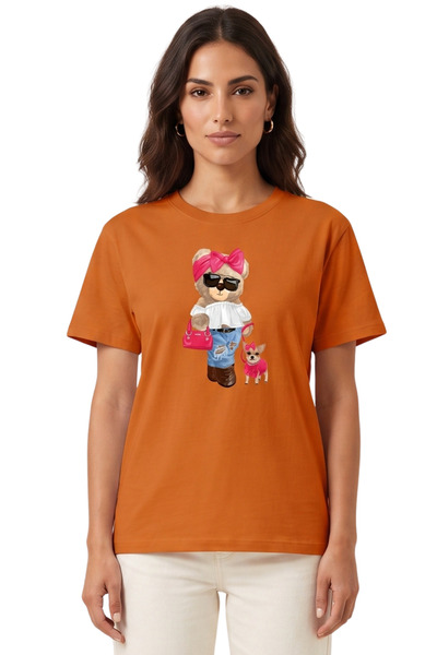 DK DAKSEL Women's Orange Bowknot Teddy Bear and Dog Printed T-Shirt 100% Cott...