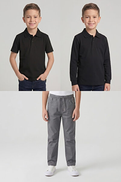 nacar çarşı Boys' School Black Long and Short Sleeve Polo Collar T-Shirt Gray...