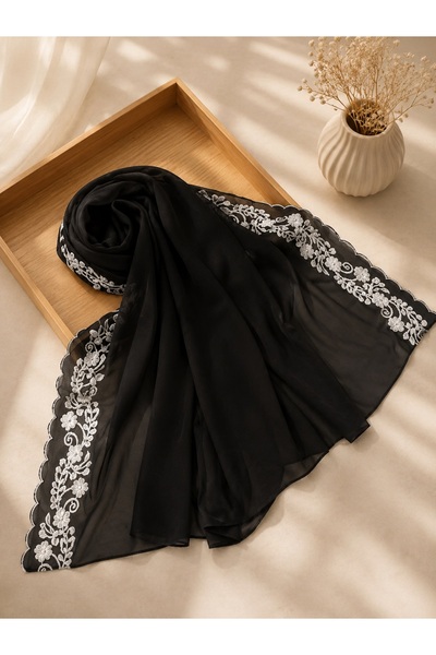 Çiçek İşlemeli Şifon Başörtüsü | Alabilen Hijab Şal