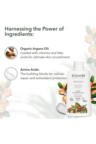 ECOLATIER Revitalizing & Nourishing Facial Cleansing Milk with Organic Argan Oil, 250ml | 98.9% Natural, Vegan | Gentle Makeup Remover & Hydrating Cleanser for Dry & Sensitive Skin