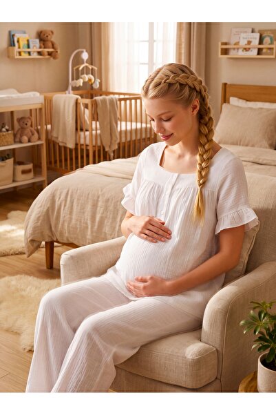 Lohusa Homewear New Season Ecru Muslin Fabric Buttoned Easy Breastfeeding Des...